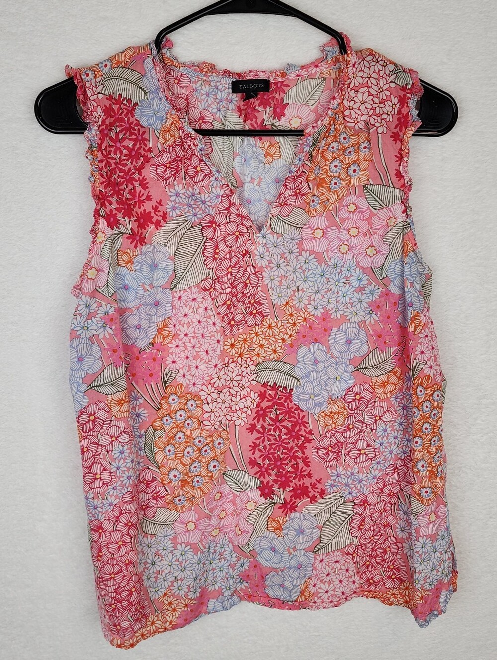 TALBOTS 100% Cotton Cluster Garden Tank Top with Ruffle Trim S